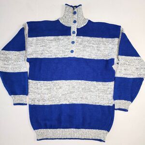 VTG 80's or 90's Ricki Blue & Grey Striped Quarter Button Pullover Sweater Sz M